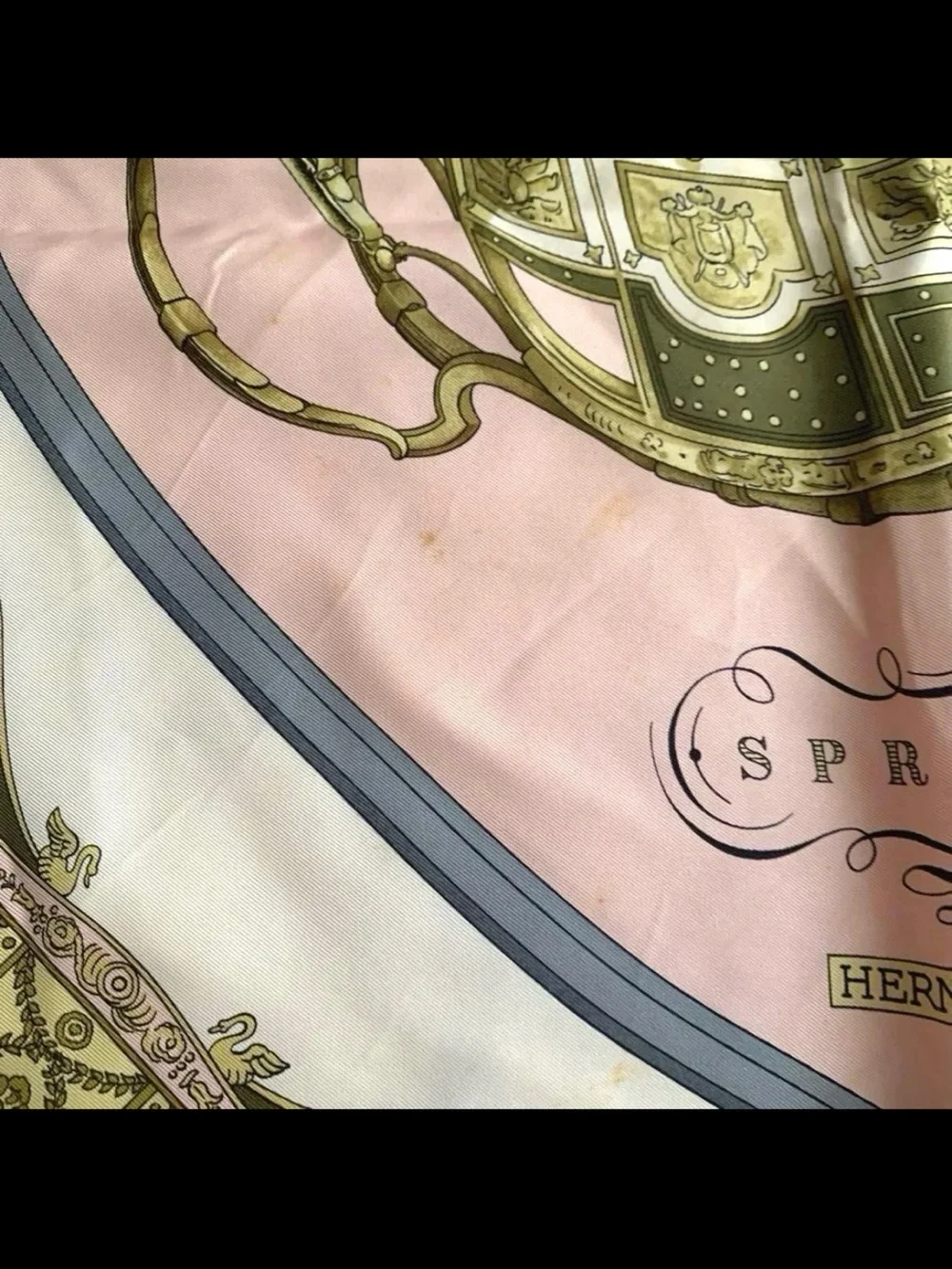 Hermes Pink, Gold and Gray Silk Scarf
